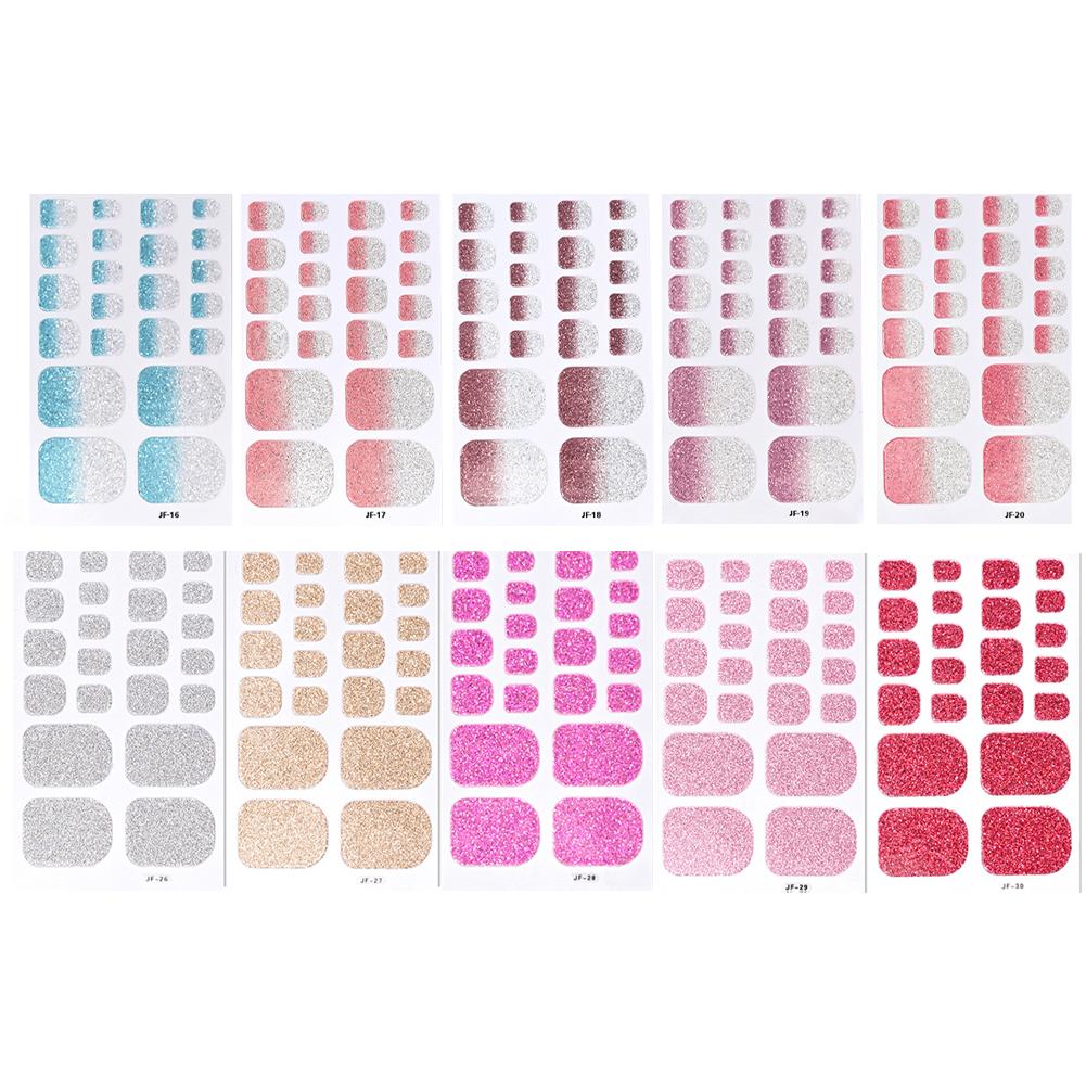 22tips/Sheet Glitter Toe Nail Stickers Toe Nails Art Decals Manicure Full Cover Removable Adhesive DIY Nail Patch Decoration