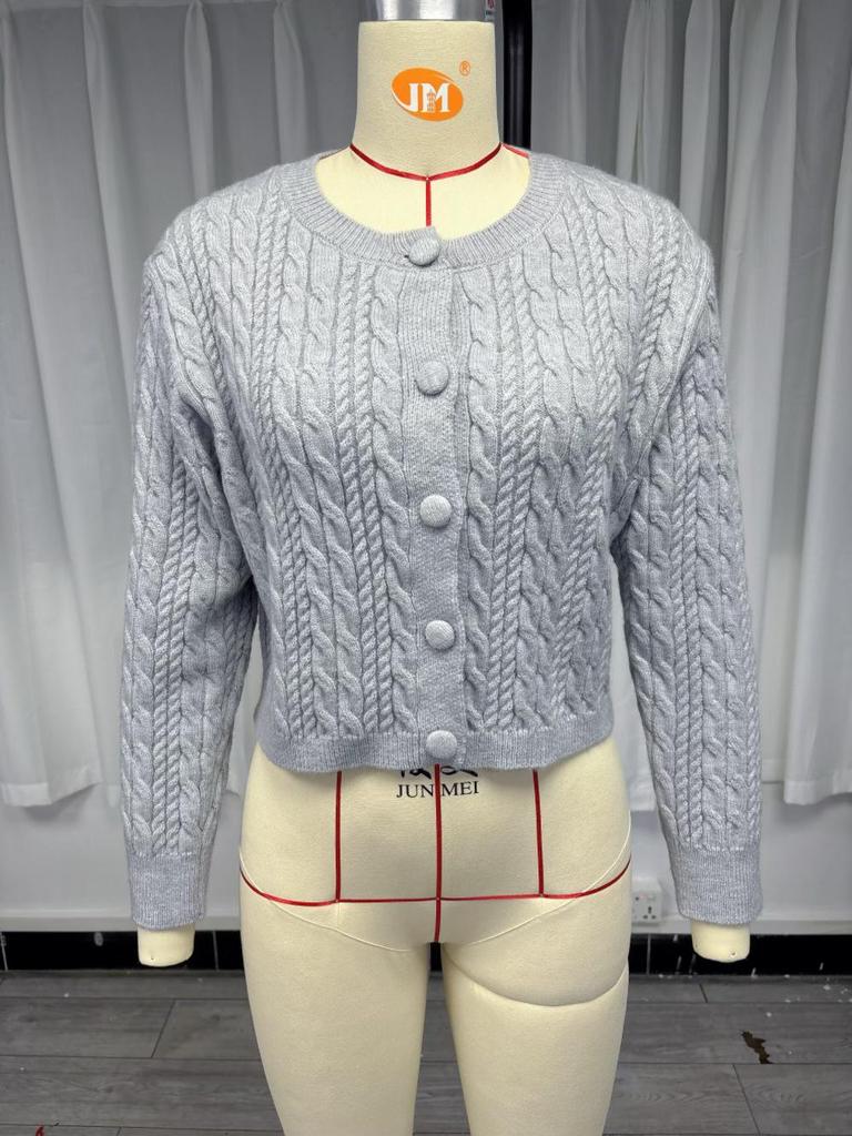2024 Herbst Schlank geschnittener Zopfmuster-Strickjacke – Einfarbig, Rundhalsausschnitt, Vielseitiger Stil