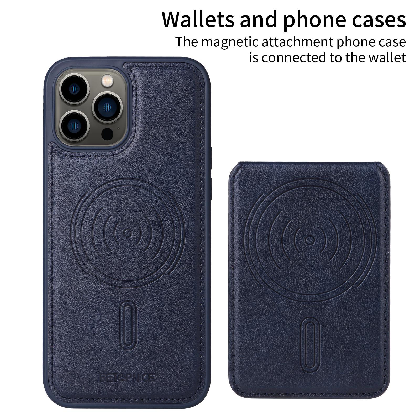 

For iPhone 13 Pro Max 6.7 inch Magnetic Case BETOPNICE RFID Blocking Leather Phone Back Cover with Detachable Card Bag Blue