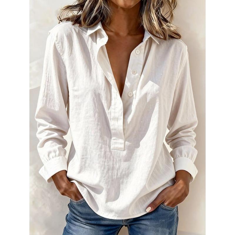Spring Summer Linen Blend Half Button Down Shirt Long Sleeve Collared Casual Blouse S белый