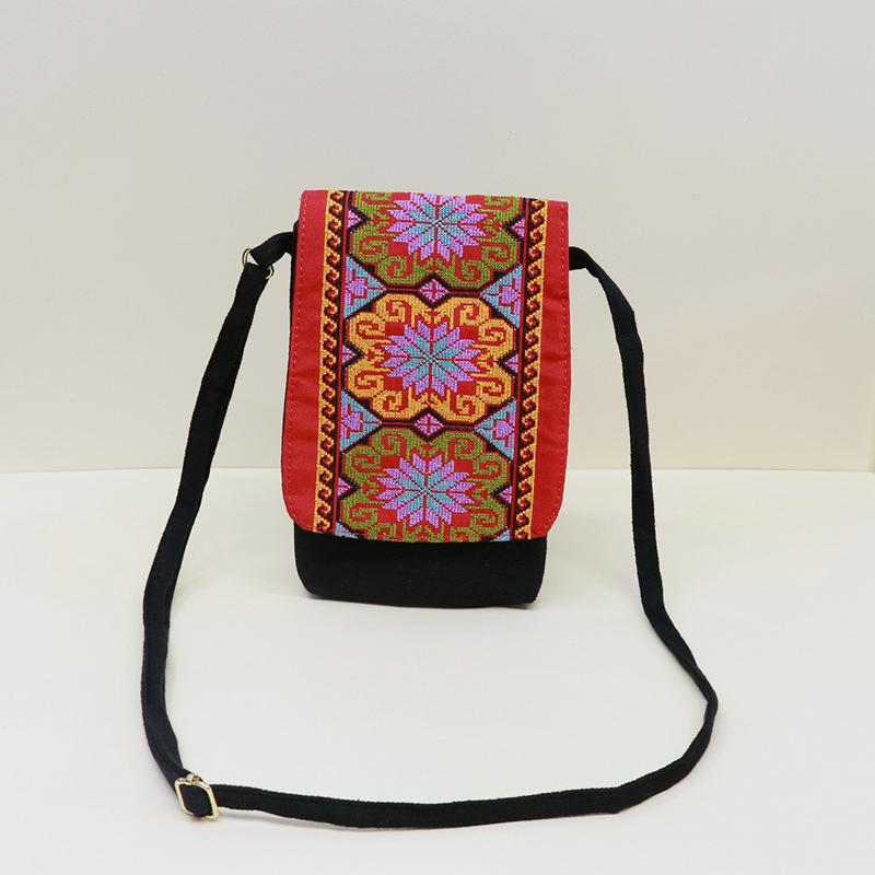 2025 New Ethnic Embroidered Canvas Crossbody Bag Embroidered Two-Layer Mobile Phone Bag Coin Purse