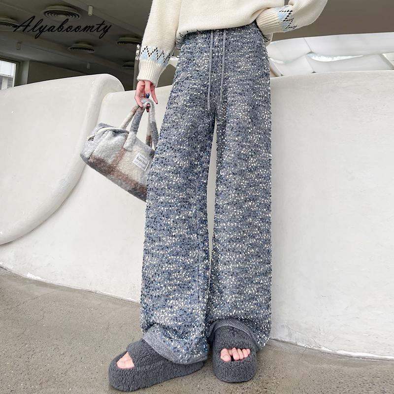 

Корейская мода уличная одежда женские зимние теплые брюки с высокой талией бежевые серые черные вязаные широкие брюки с пайетками вязаные прямые брюки One Size серый