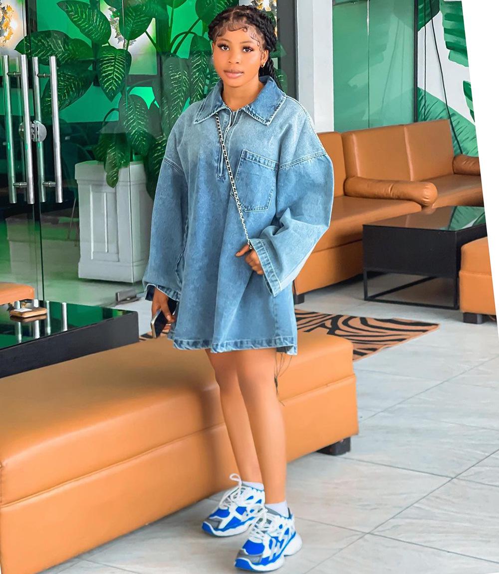 

European & American Style Lapel Loose Denim Dress for Spring/Summer Large синий