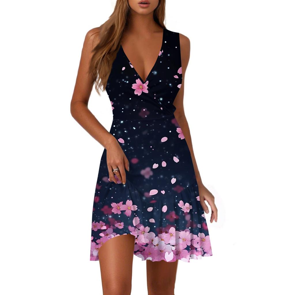 Dámské ležérní módní šaty s výstřihem do V, bez rukávů a s potiskem