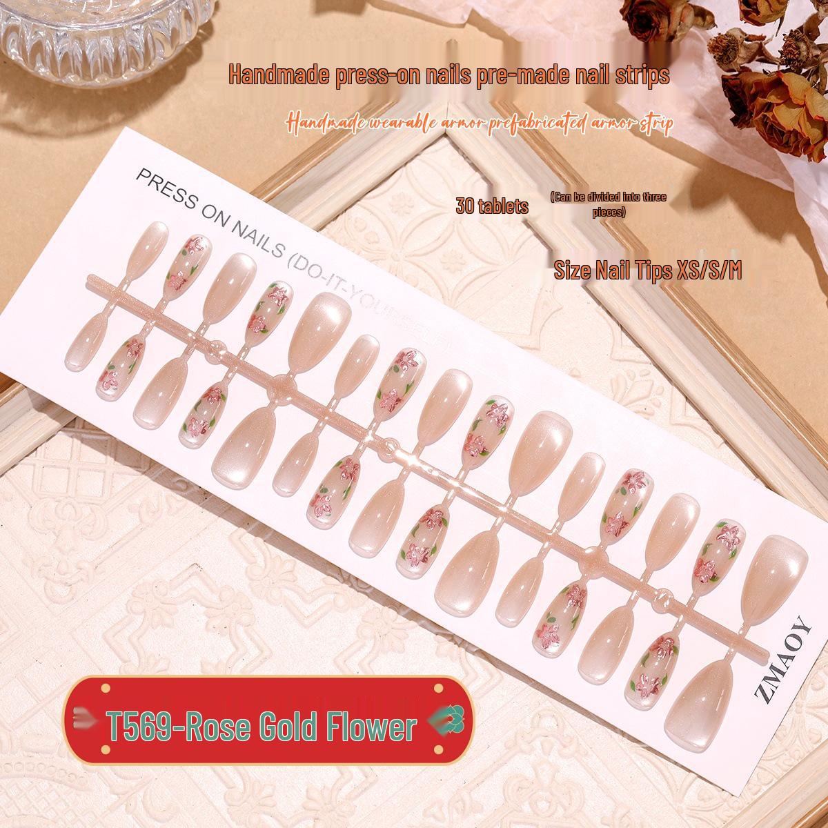 

Rose Gold Floral Cat Eye Gilded Almond Nail Patches Complete Set M/M/M