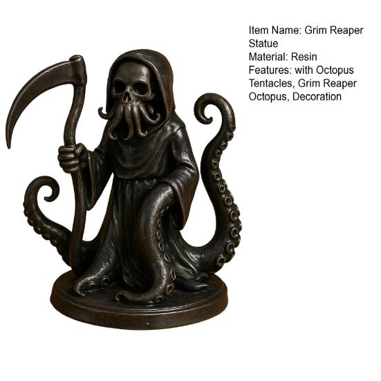 Halloween Grim Reaper Octopus Statue Gothic Black Robe Skeleton Figurine Holiday Party Decoration Skeleton Ornament with Octopus Tentacles