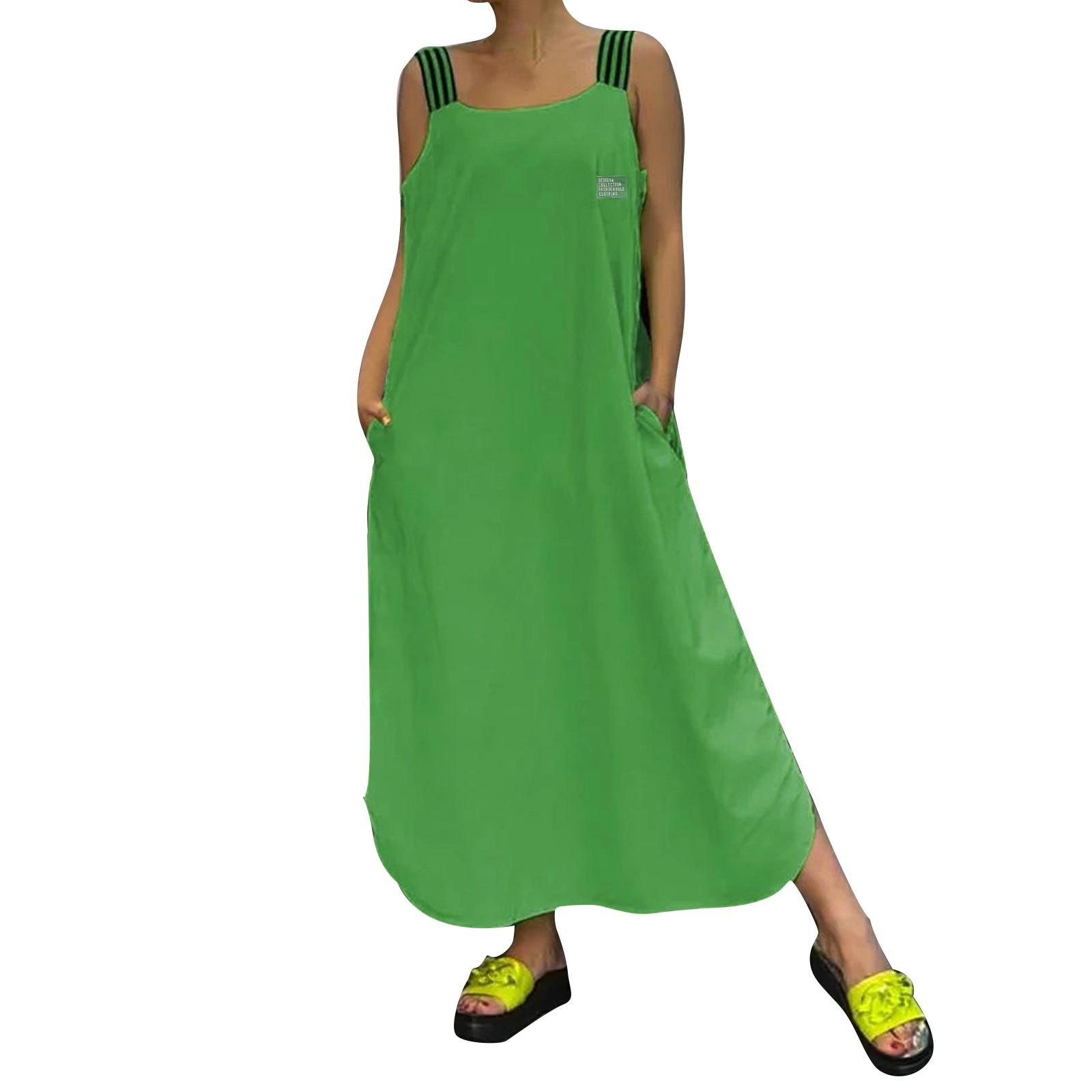 Women s Dresses Intercolor Striped Back Sleeveless Pockets Loose Casual Dresses M