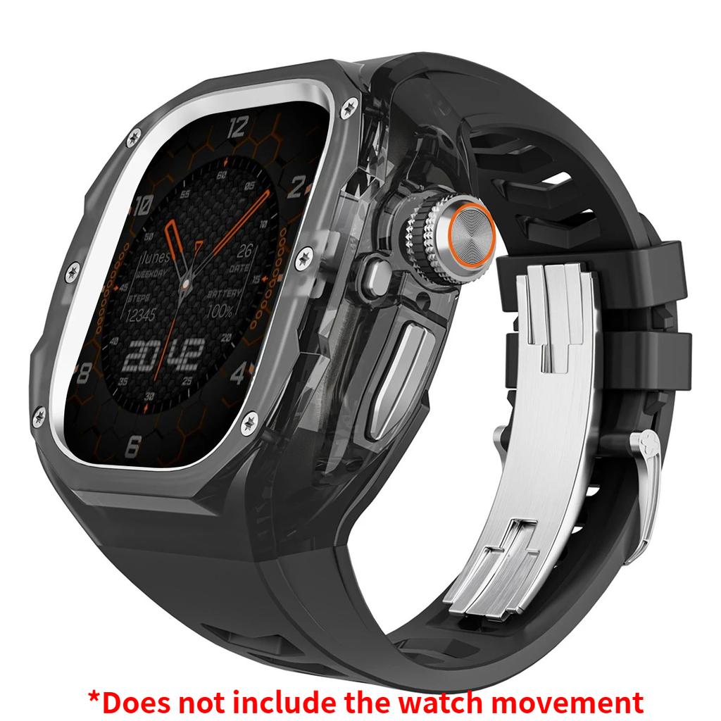 Prabangus modifikacijų rinkinys Apple watch Ultra 3/2/1 49mm Sportinis guminis dirželis+Dėklas Iwatch ultra 49mm Skaidrus Glacier dėklas Modifikavimo rinkinys