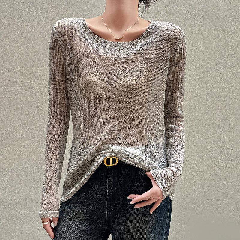 Summer Thin Long Sleeve T Shirts for Women Round Neck Loose Knitted T-Shirt Solid Color Casual Tee Tops