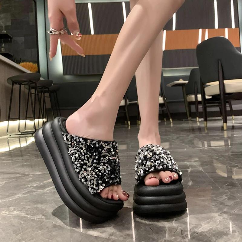 Fashion 8CM Bling Woman Platform Sandals Ladies Elegant Medium Women's Shoes Flats Summer Sandals Women Designer Shoes Girls slippers