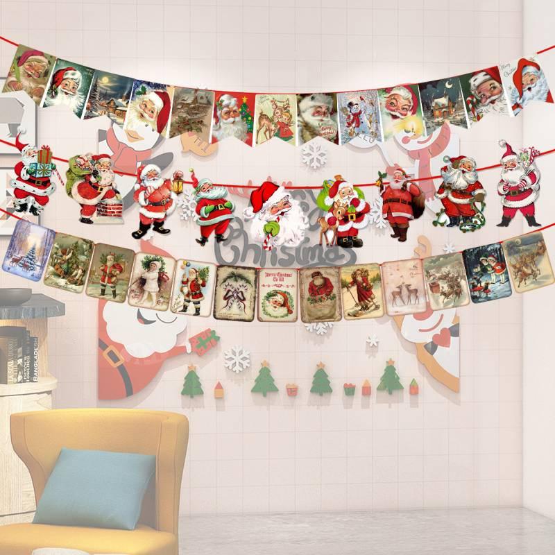 Christmas Party Decoration Banner With Santa Claus Snowman And Reindeer Background Festive Alphabet Banner