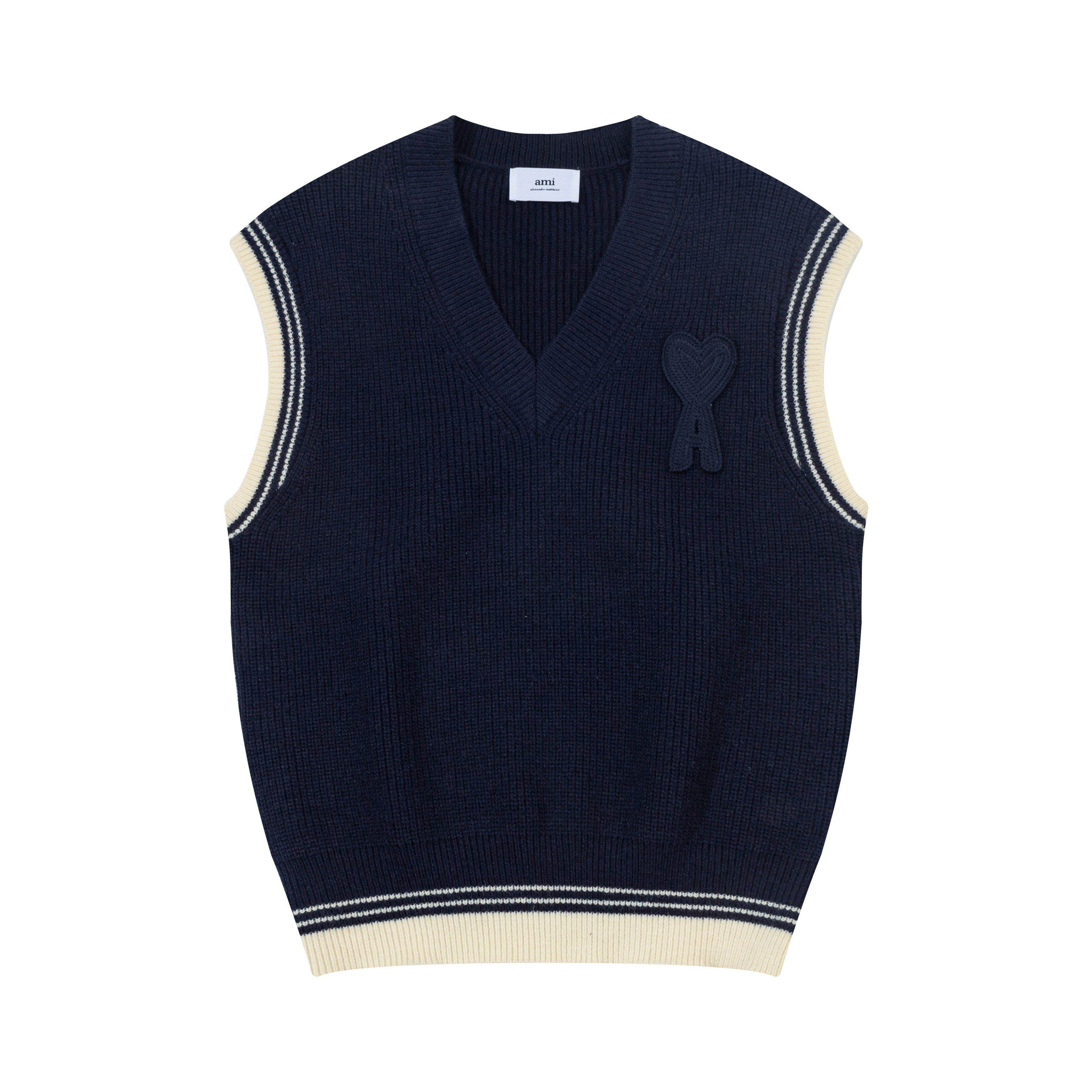 

AMI New Autumn and Winter Knitted Striped V-neck Pullover Vest with Heart-shaped Text Logo Knitted Sheep Sweater Base Vest M