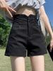 Black Elastic High-Waist Denim Shorts for Plus Size Women - Summer A-line Wide Leg Button-up with Tummy Control