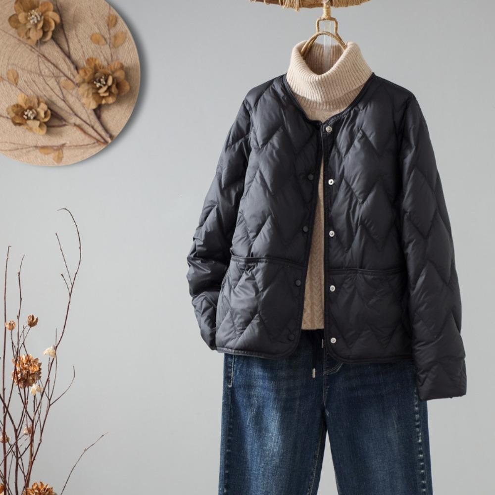 Women's Round Neck Long Sleeve Puffer Jacket Loose Fit Casual Lightweight Quilted Coat