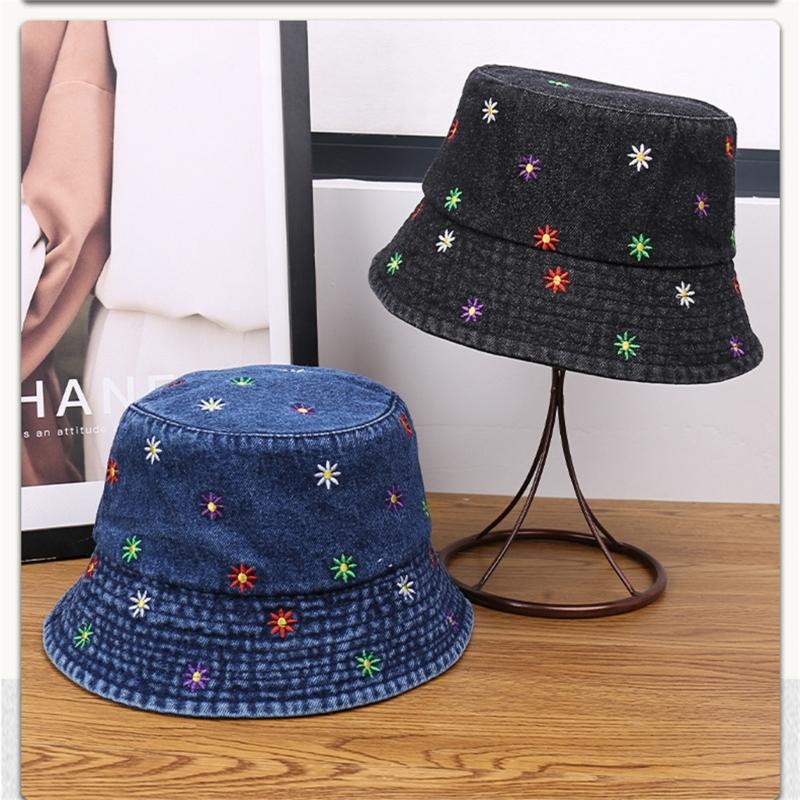 Stylish Jeans Flower Pattern Bucket Hat Extended Edge Shade Guard Unisex Warm Season Shore Hat for Various Occasion