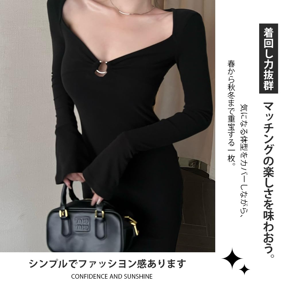 PHOLEEY Long Sleeve Sexy Tight Deep Slim Fit Stretch Perfect for Parties and Black Women's V-Neck Dress, Dates,