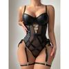 Women's Sexy Jumpsuit - European Style See-Through Bodysuit with PU Leather & Mesh Panels