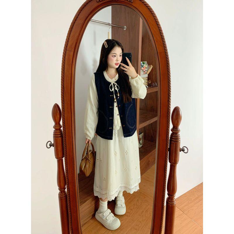 

Plus-Size Women s Clothing for Chubby Girls, Slimming Retro Denim Vest, Cotton Shirt, and Skirt, Very Stylish Spring Outfit Set Apricot Hollow Jacquard Skirt(Single Piece) 2XL