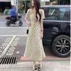 French Retro V-neck Floral Dress Women's Summer High-end Drawstring Pleated Bubble Sleeves High Waist Temperament Long Skirt