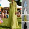 Women Dress Stand Collar Long Sleeve Buttons Down Maxi Dress with Functional Pockets Pleated Flowy Hem Holiday Dress