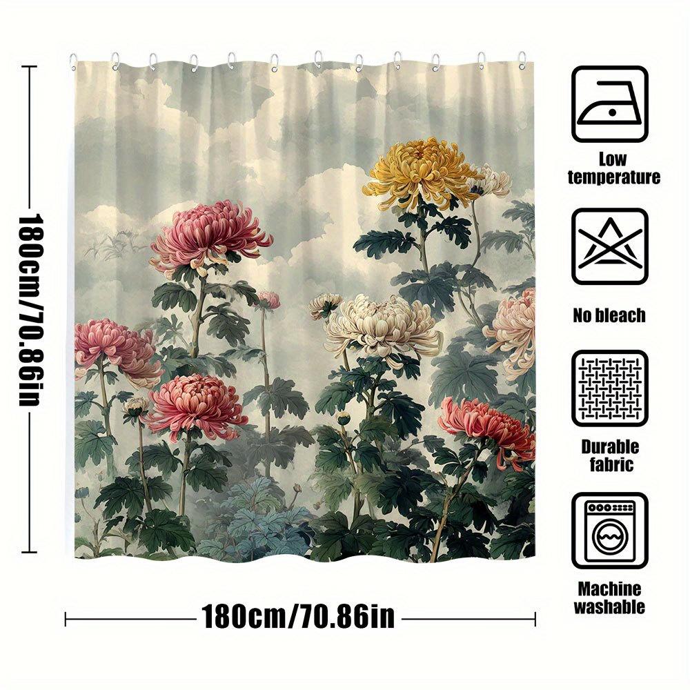 1Pc Extra Long Realistic Floral Bath Curtain - Pink White Yellow Chrysanthemums, Machine Washable Polyester Shower Curtain With