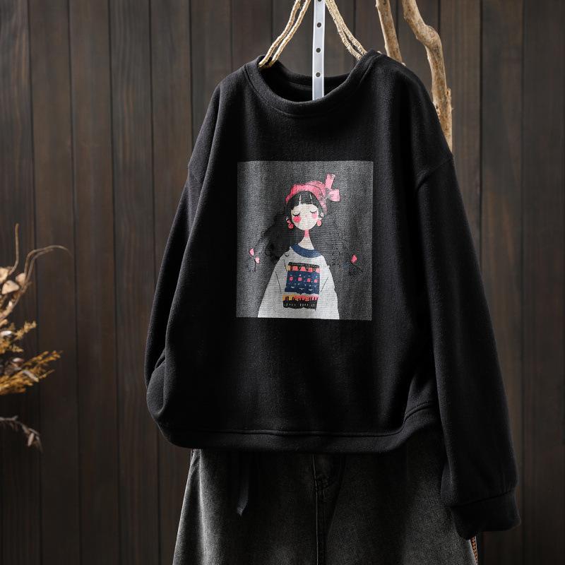 2025 Autumn/Winter Women's Printed Black Thickened Cropped Loose Velvet Pullover