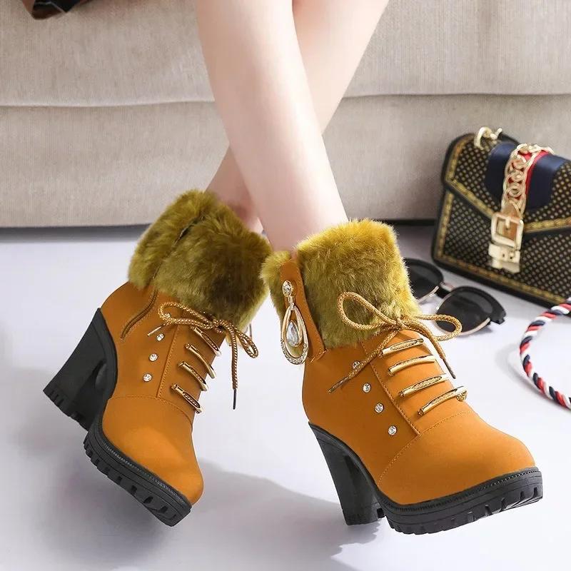 Wildleder Damenstiefel Winter Casual High Heels Schuhe für Damen Neu Kurzes Plüsch High Platform Stiefeletten Vielseitige Kurze Botas Mujer