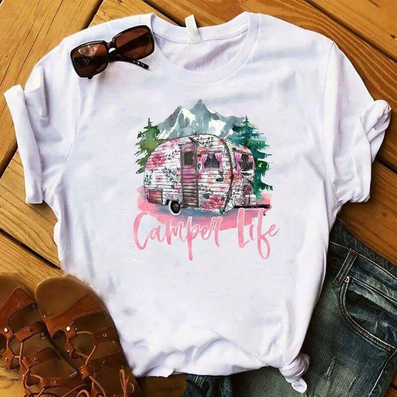 Fashion Women T Plus Size Happy Camper Floral Flower Road Trip Graphic Tee Shirt Femme Top Tshirt Female Ladies Clothes T-shirt Unisex