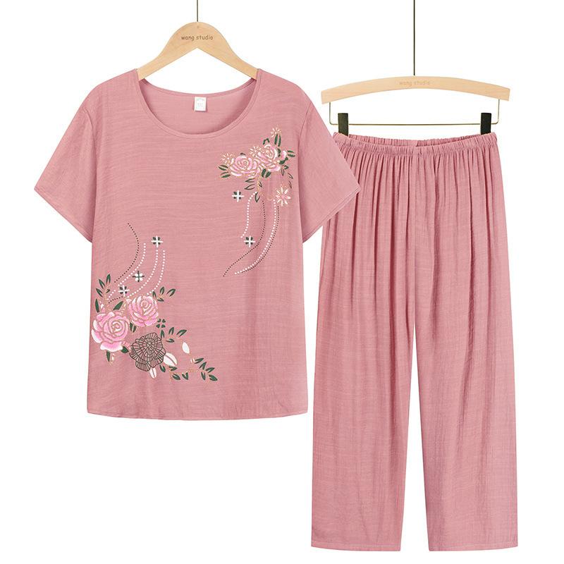 Women Summer Short Sleeved Suits Flower Printing Plus Size Pajamas Nightwear