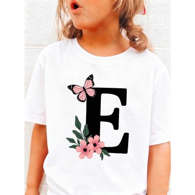 Tallas Europeas Mariposa en la Letra E Camiseta para Niños y Niñas | Casual Cuello Redondo, Manga Corta, Ligero Elástico, Gráfico Impreso, Corte Regular