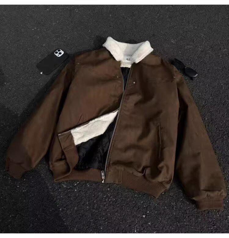 Men's Retro Tie-Dye Lamb Wool One-Piece Coat with Velvet Thickened, Turn-Down Collar, and Leather Accents