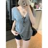 Women's Gray V-neck Short Sleeve Casual Loose Fit Summer T-shirt