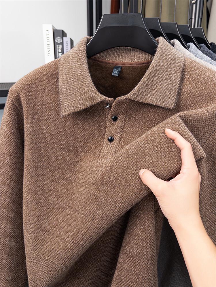 Men's Solid Mink Fleece Polo Sweater - Warm, Thick Lapel Shirt for Autumn/Winter