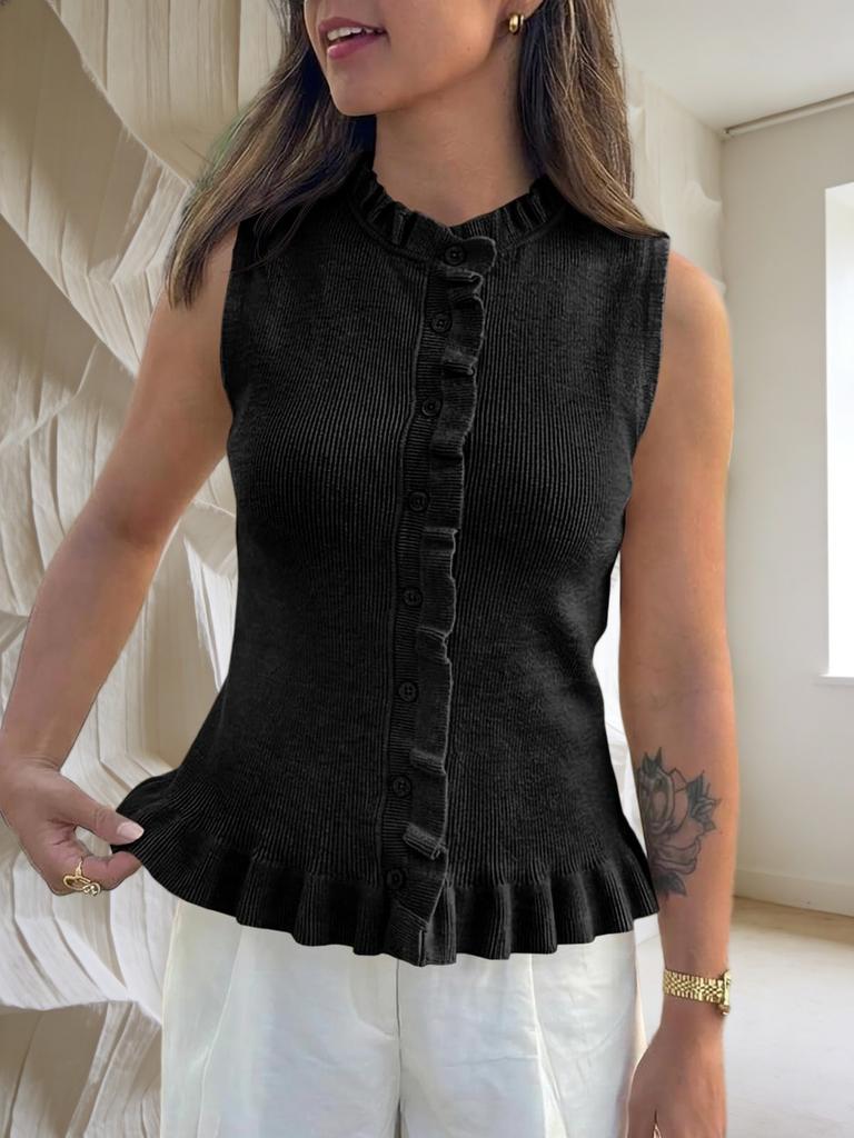 Women's Sleeveless Sweater Vest Ruffle Button Down Knit Tank Top