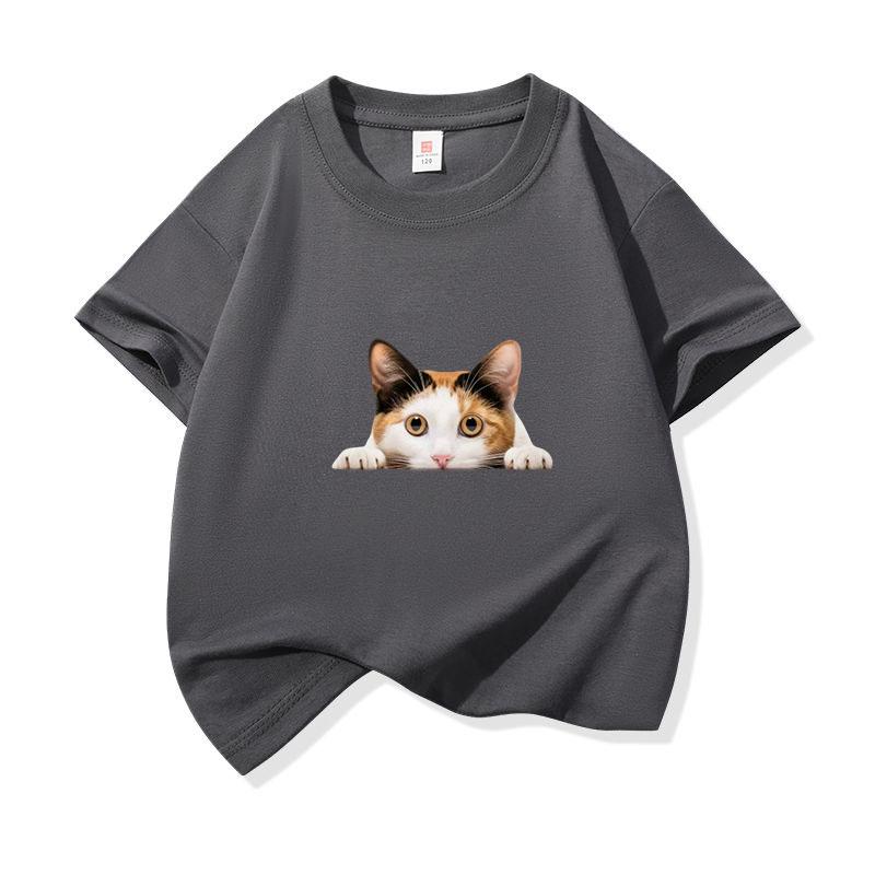 Kids Cotton T Shirt Peeking Calico Cat Graphic Print Crew Neck Short Sleeve Tee Casual Breathable Boys Girls Summer Tops