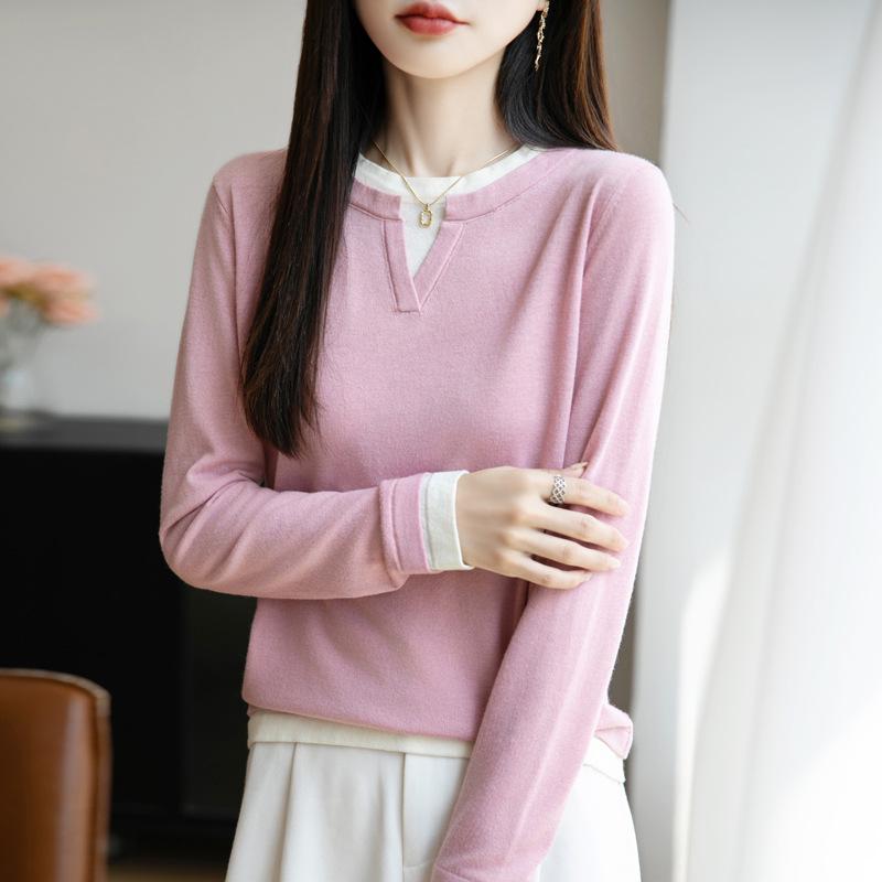 Women's 2025 Autumn/Winter Round Neck Two-Piece Look Wool Knit Long Sleeve Versatile Pullover Sweater Top