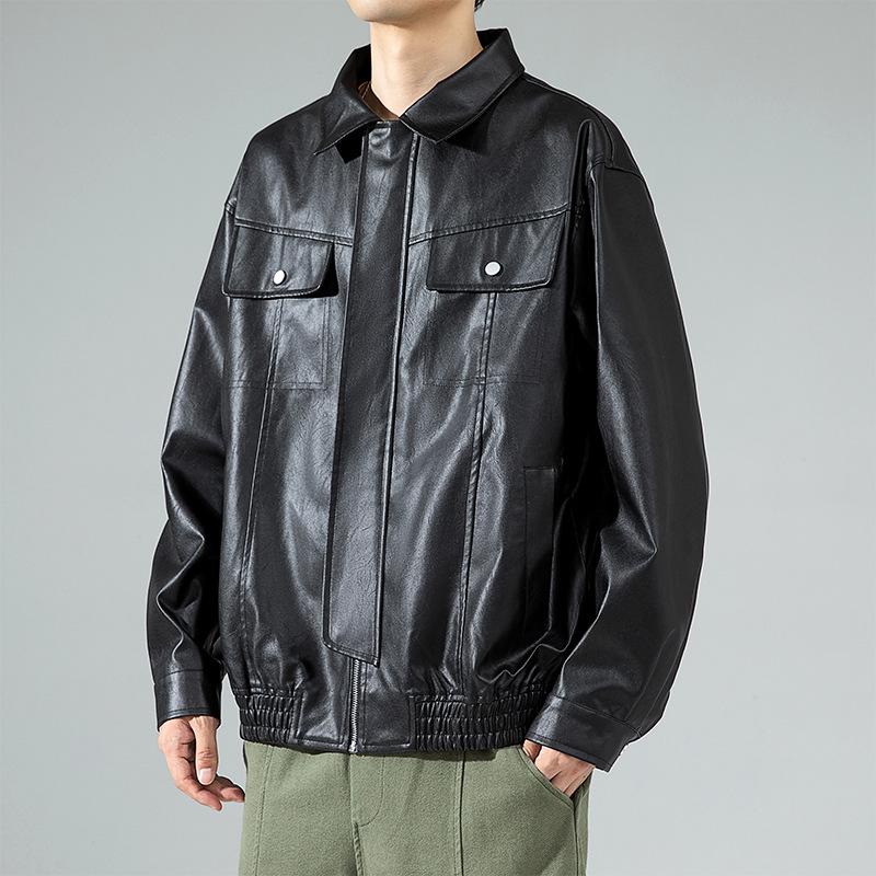 

Spring and autumn new style men s Korean pure color PU leather lapel long sleeve leather jacket fashionable lovers fashionable coat M