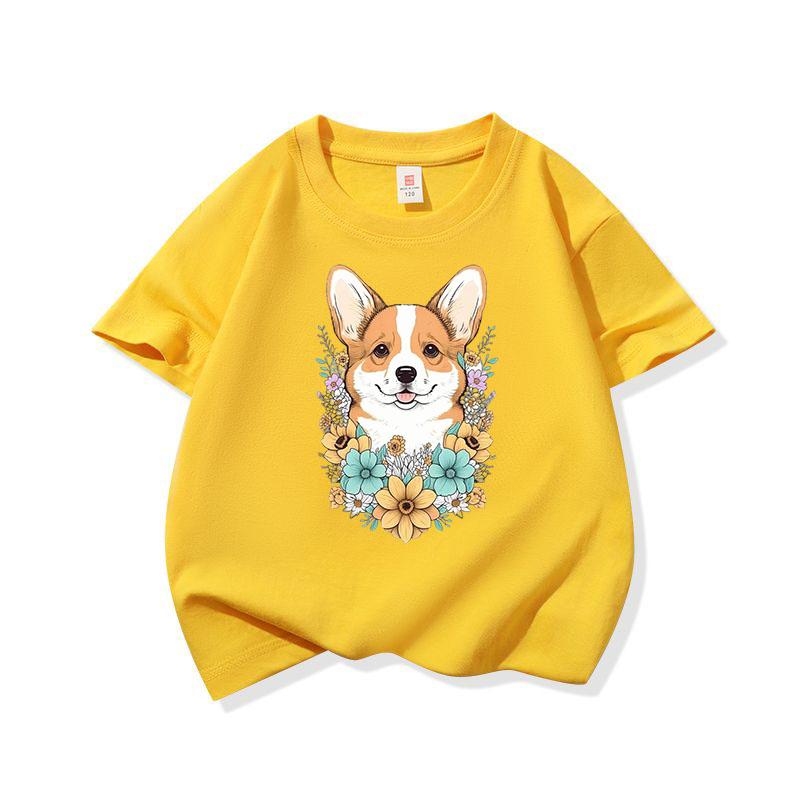 Welsh Corgi Surrounded Colorful Blooms Graphic Tee Kids 100 Cotton Crew Neck T Shirt Cute Puppy Print Short Sleeve Stylish Top
