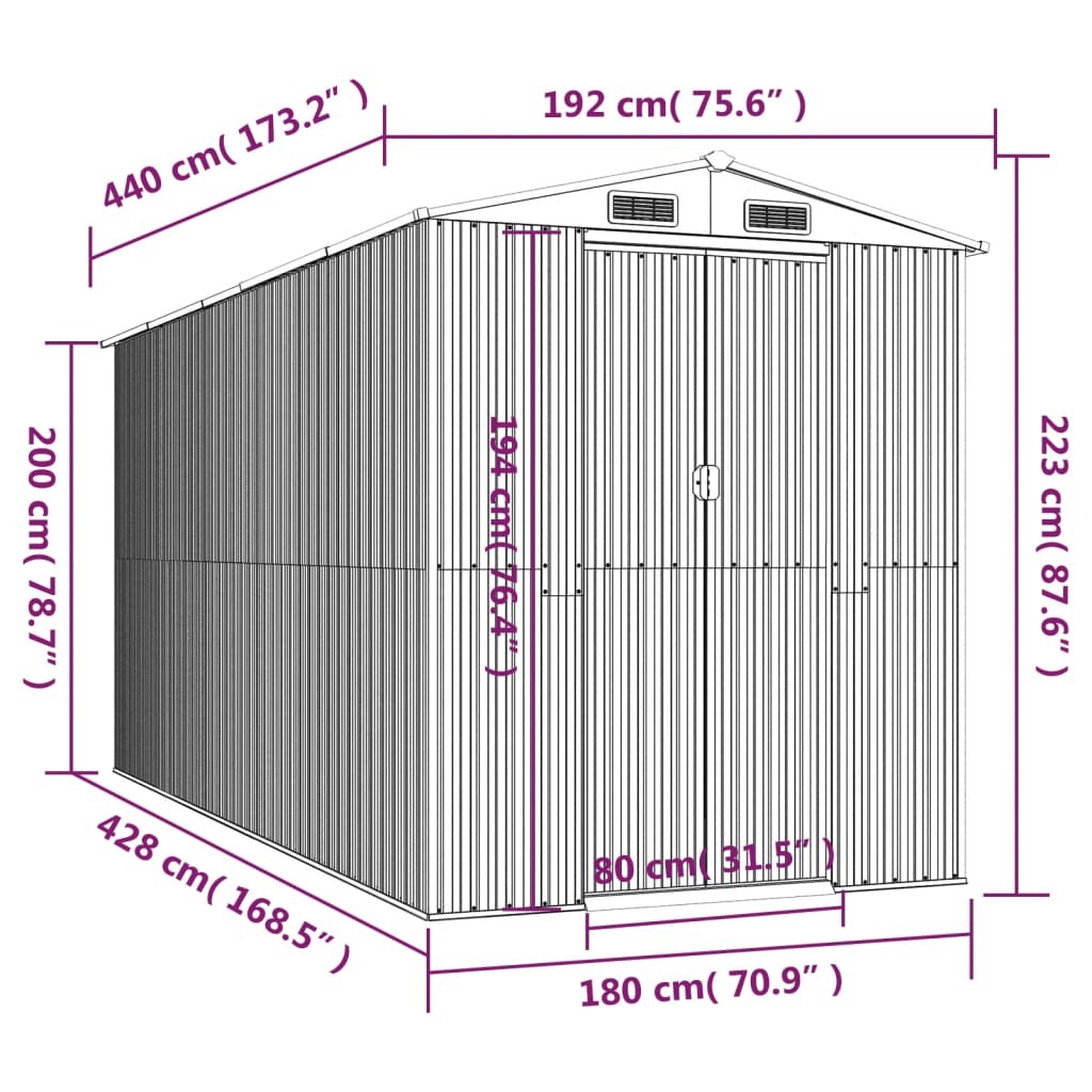 Vidaxl Garden Shed, Green, 192X440X223 Cm, Galvanized Steel