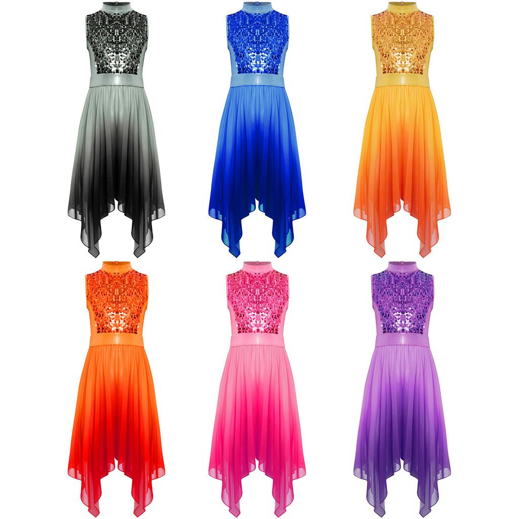 Girls Praise Worship Dress - Sleeveless Mock Neck Tunic with Asymmetrical Hem & Shiny Sequins Bodice