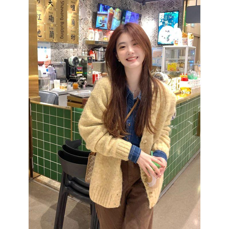 

Енотовый бархатный свитер Нежный мягкий клейкий молочный кардиган Huhoo Yellow S