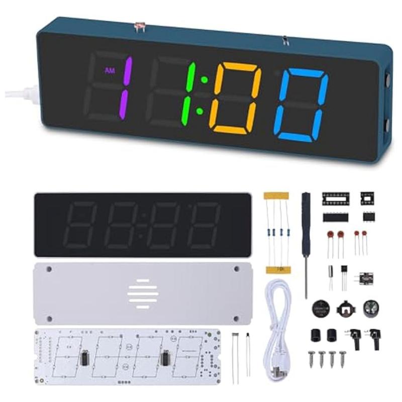 A96I-Soldering Practice Set 4-Digit Digital Alarm Clock Kit With RGB Colorful Modes, Diplay DIY Clock Soldering Project Set Kit