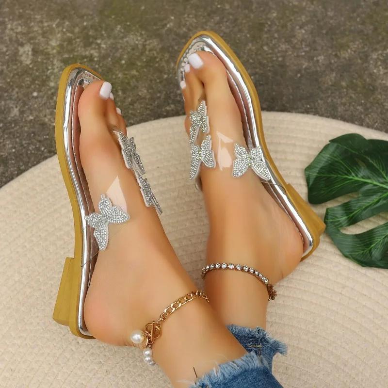 2024 Ladies Shoes Flip Flops Women's Slippers Summer Dress Slippers Women Crystal Butterfly Square Heel Plus Size Shoes Women