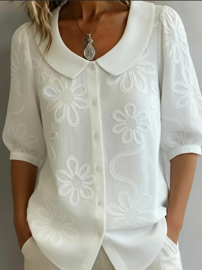 Spring and Summer European Style Loose Fit Casual Vintage Button Embroidery Blouse L