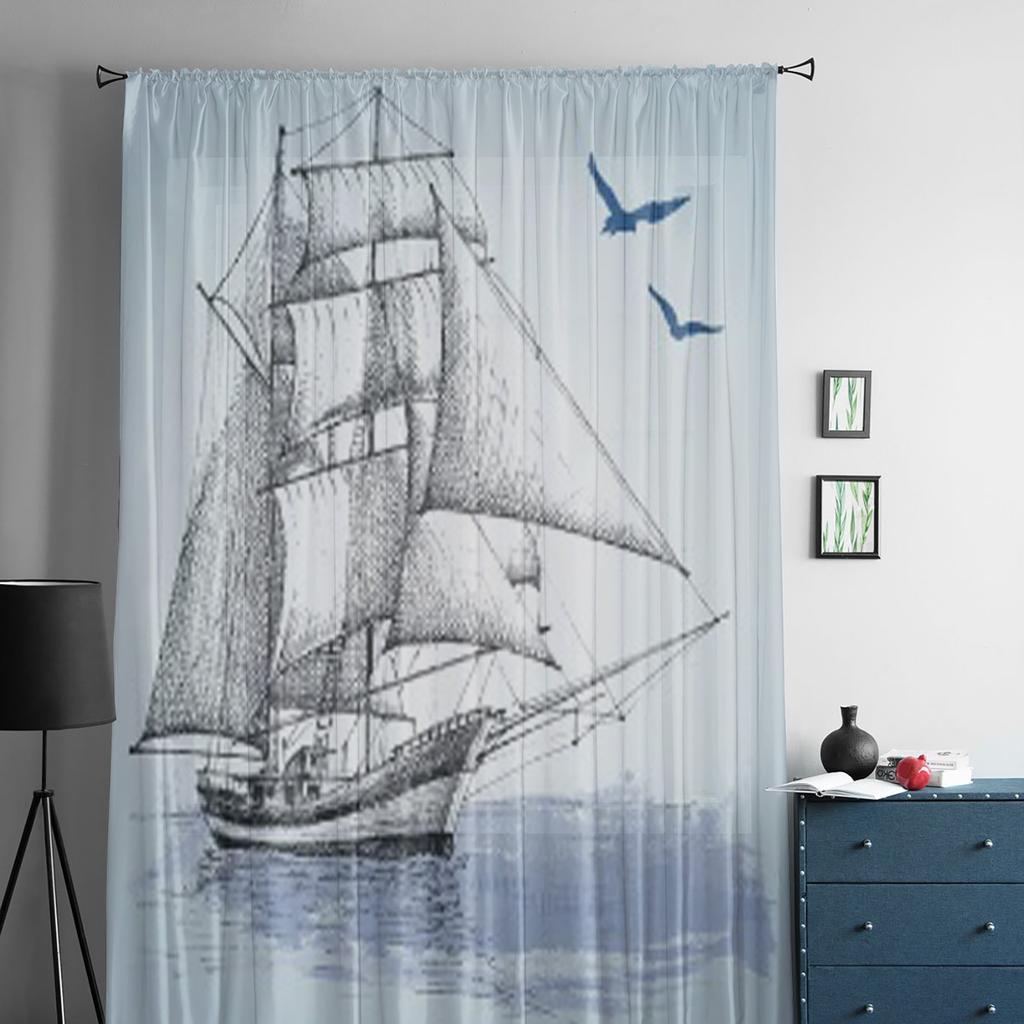 Boat Drawing Tulle Sheer Curtains for Living Room Decoration Curtain for the Room Bedroom Kitchen Voile Organza Curtains