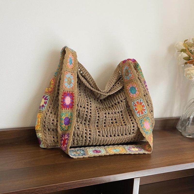 Women Cute Knitting Tote Bag Wear Resist Lovely Woven Shoulder Bag Stylish Knit Shoulder Bag Seaside Trip Shopping Beach Bag
