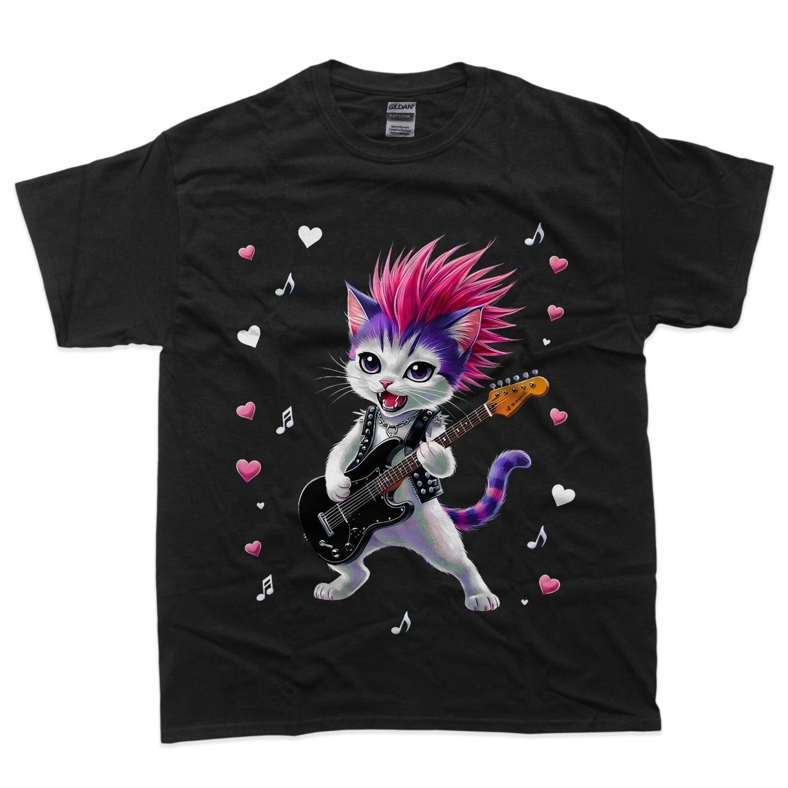 Cute Punk Cat, Rock n Roll Guitar Cat, Guitar Band Funny T-Shirt 3XL