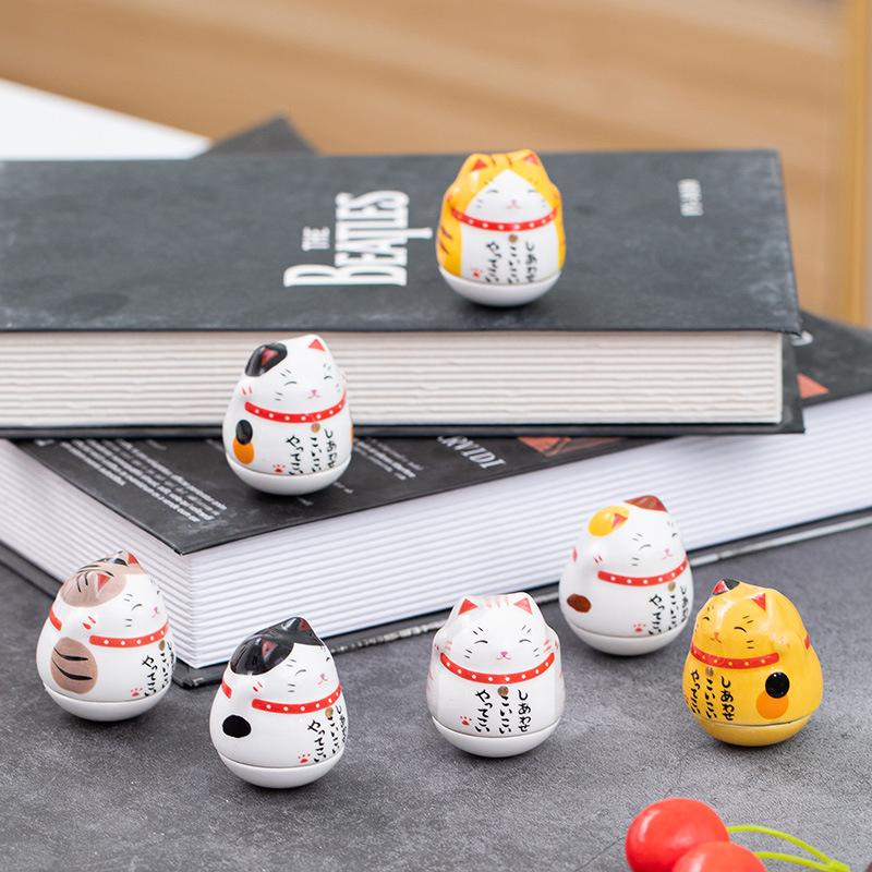 Japanese Ceramic Lucky Cat Tumbler Daruma Crafts Cartoon Lucky Cat Ornaments Landscape Home Decor Fortune Cat Statue Figurines