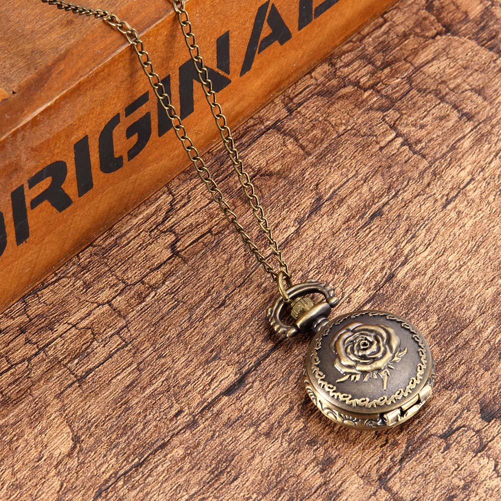 Vintage New Fashion Relief Rose Pocket Watch Bronze Color Quartz Watch On Chain Watch Necklace Woman Birthday Gifts