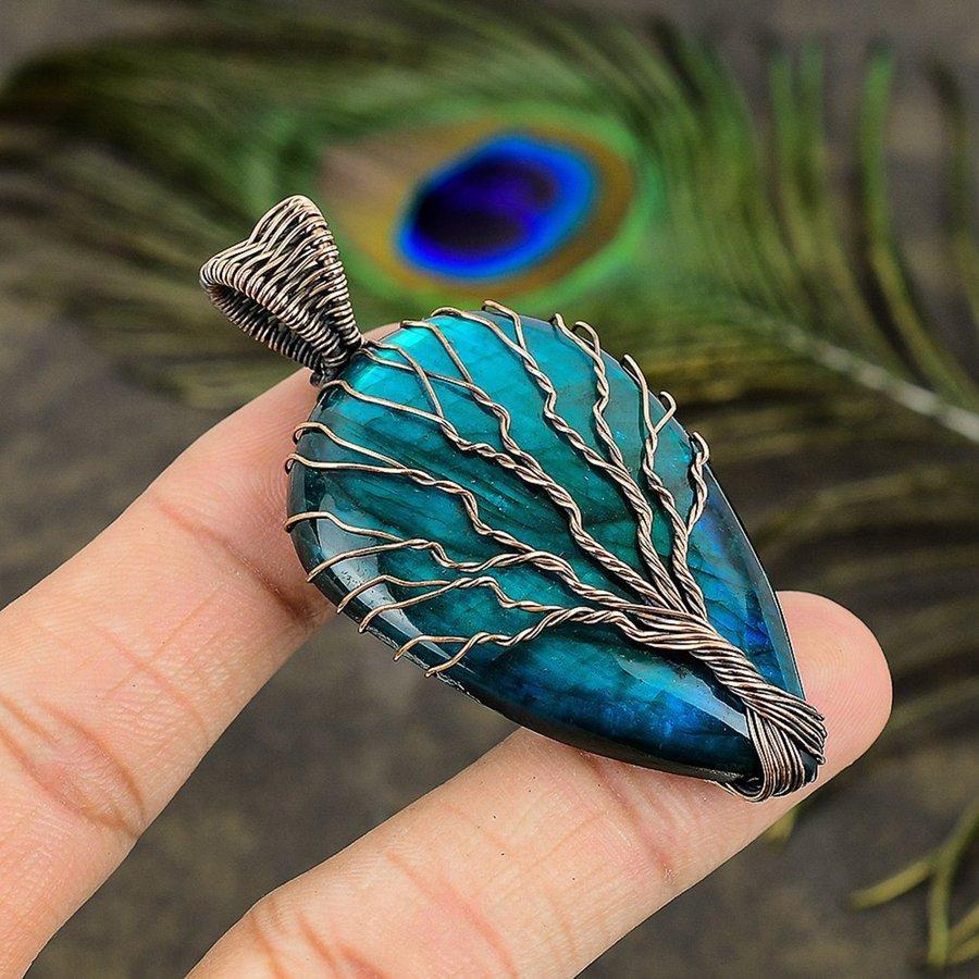 Blue Labradorite Handmade Copper Wire Wrap Jewelry Pendant 2.64" q2g08